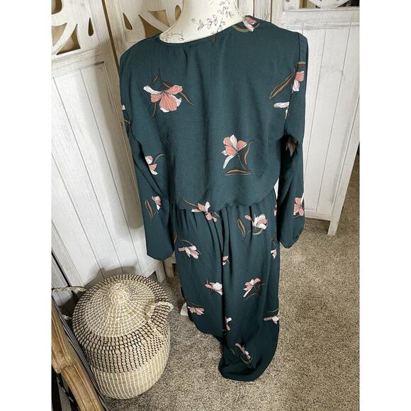 Ava & Viv Women's Dress Size X Hunter Green Floral Boho Cinch Waist Keyhole - Picture 2 of 6